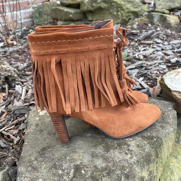 See by Chloe Irina Fringe Heeled Ankle Boots Suede Brown Leather Size 38 or 8 - Picture 2 of 6